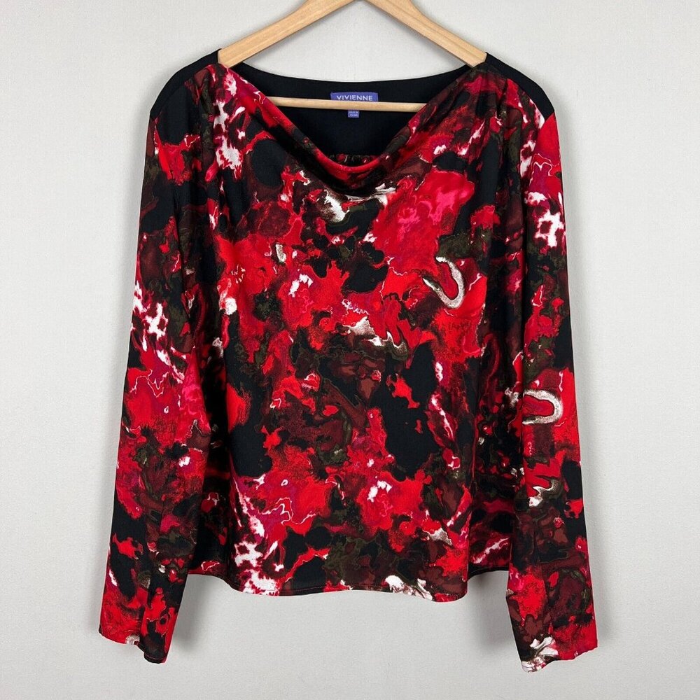 Vivienne‎ Tam Blouse Top Womens 10 Red Black Cowl Neck Long Sleeve Abstract Art